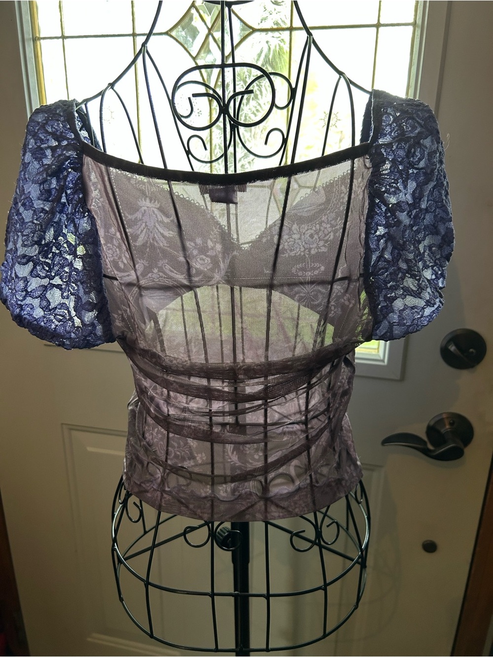 Urban Outfitters Purple Lace & Sheer Short Sleeve Top - Picture 3 of 4